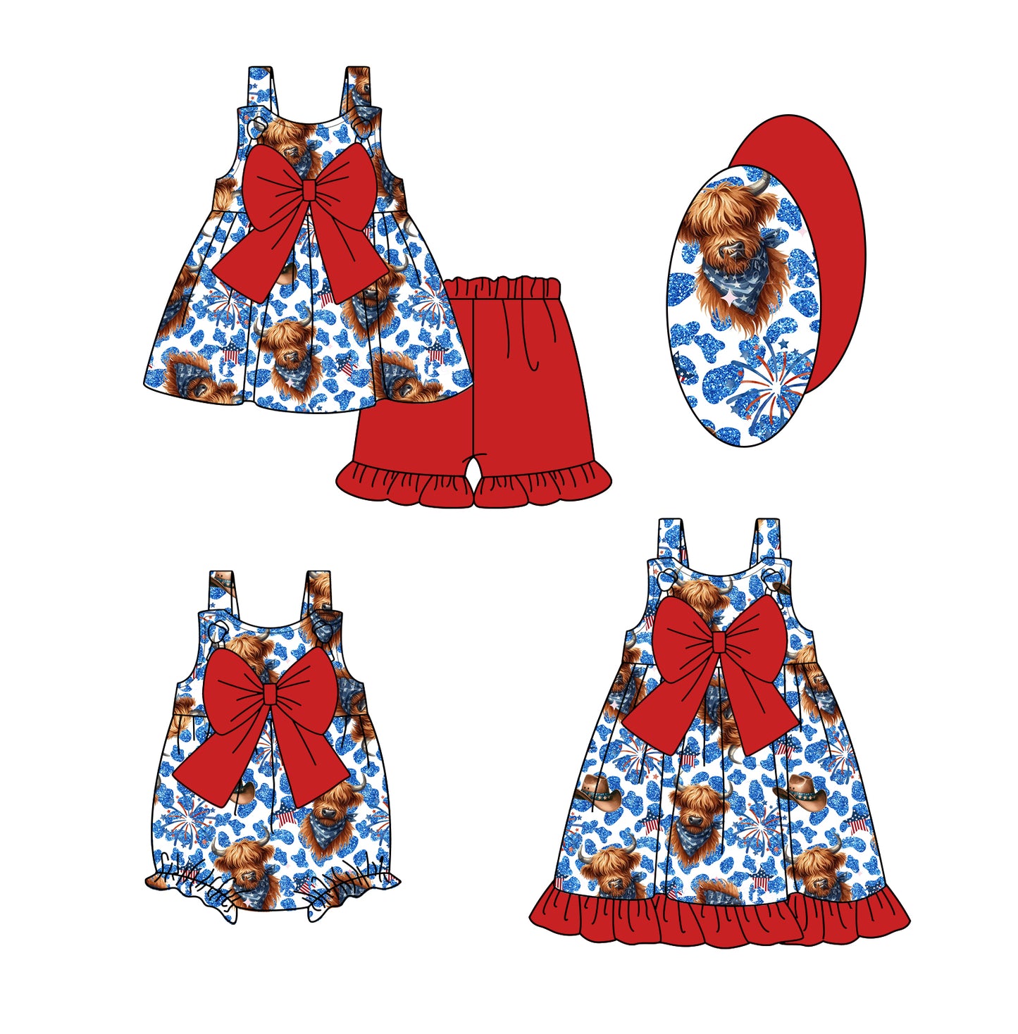 Highland cow straps firework girls 4th of july outfits