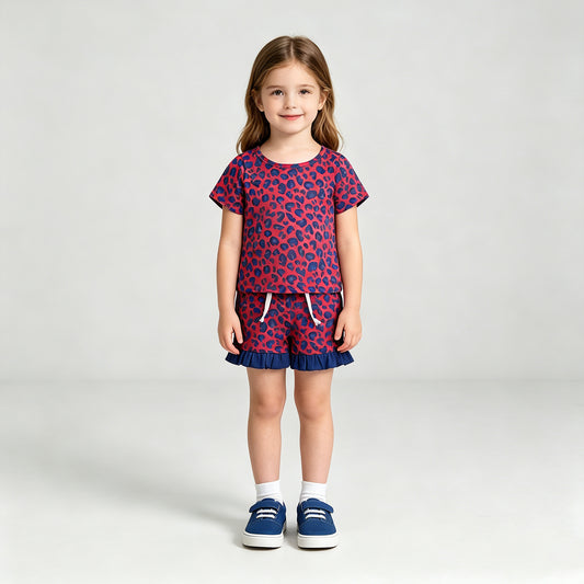 GSSO3811 RTS NO MOQ （In stock）milk silk Baby Girls Pink Leopard Pocket Top Ruffle Hem Shorts Outfit