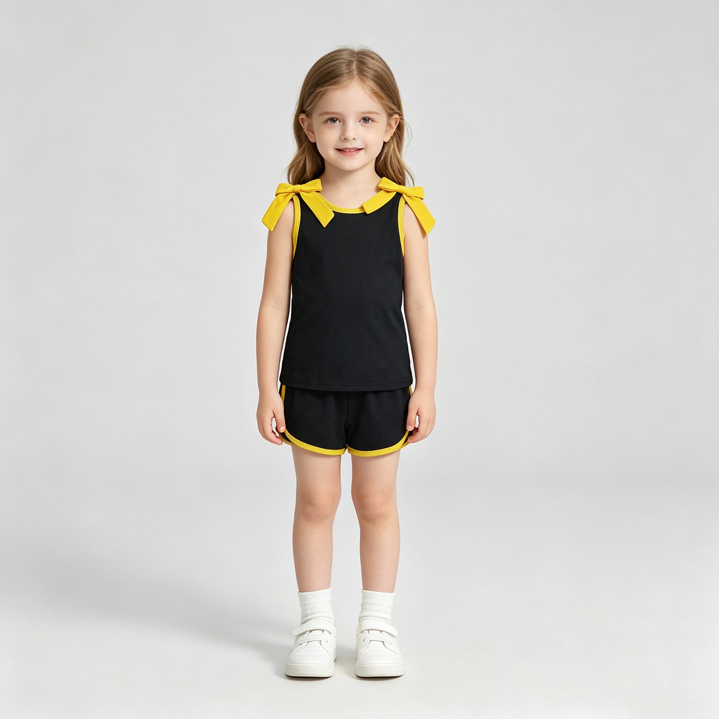 GSSO3823 RTS NO MOQ （In stock）Sleeveless gold bow black top shorts girls team outfits