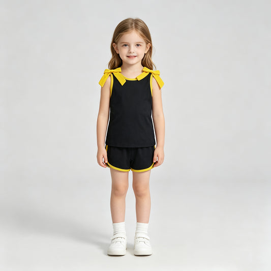 GSSO3823 RTS NO MOQ （In stock）Sleeveless gold bow black top shorts girls team outfits
