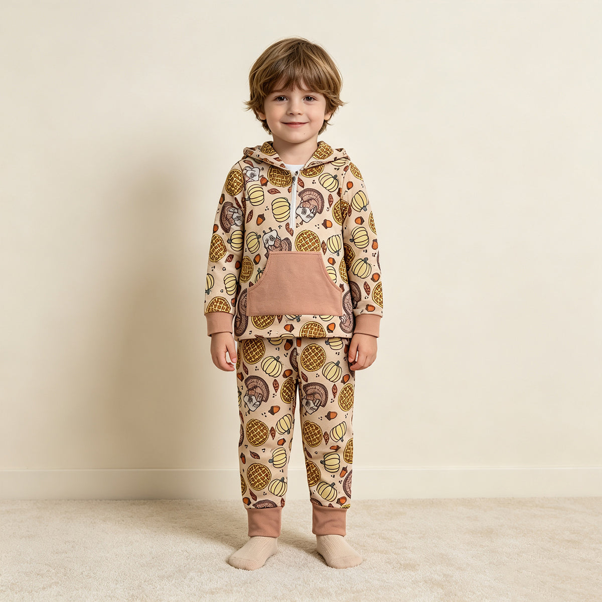 RTS NO MOQ milk silk BLP1504 Baby Boys Pumpkins Turkey Zip Pickets Hoodie Joggers Thanksgivings Clothes Set