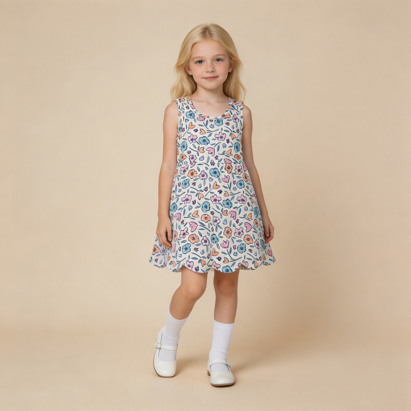 GSD3808 RTS NO MOQ （In stock ）Sleeveless floral scallop kids girls summer athletic dress