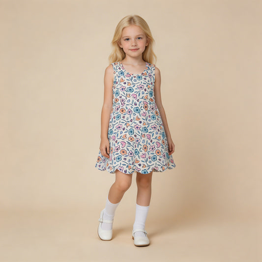 GSD3808 RTS NO MOQ （In stock ）Sleeveless floral scallop kids girls summer athletic dress