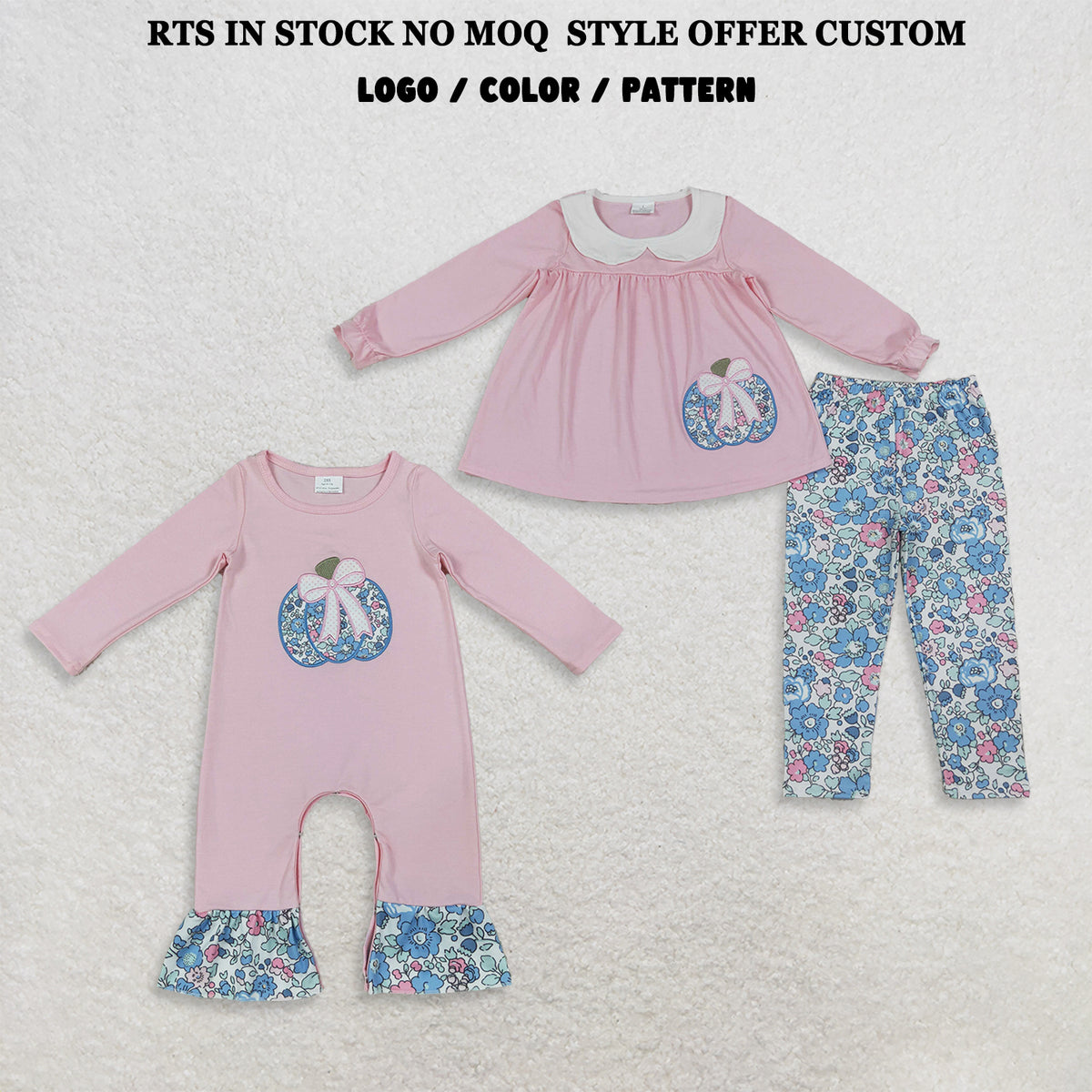 Sibling RTS NO MOQ  milk silk Embroidery Baby Girls Pink Floral Pumpkin Top And Floral Print Pants Set With Matching Baby Ruffle Romper