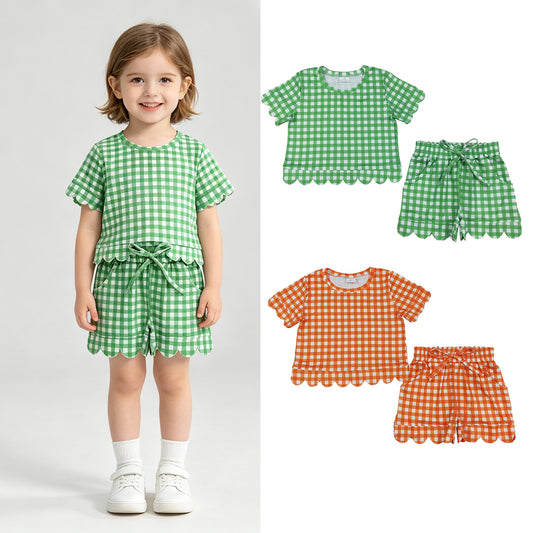 RTS Sibling Baby Girls Checked Shirt Top Matching Scallop Shorts Clothes Set