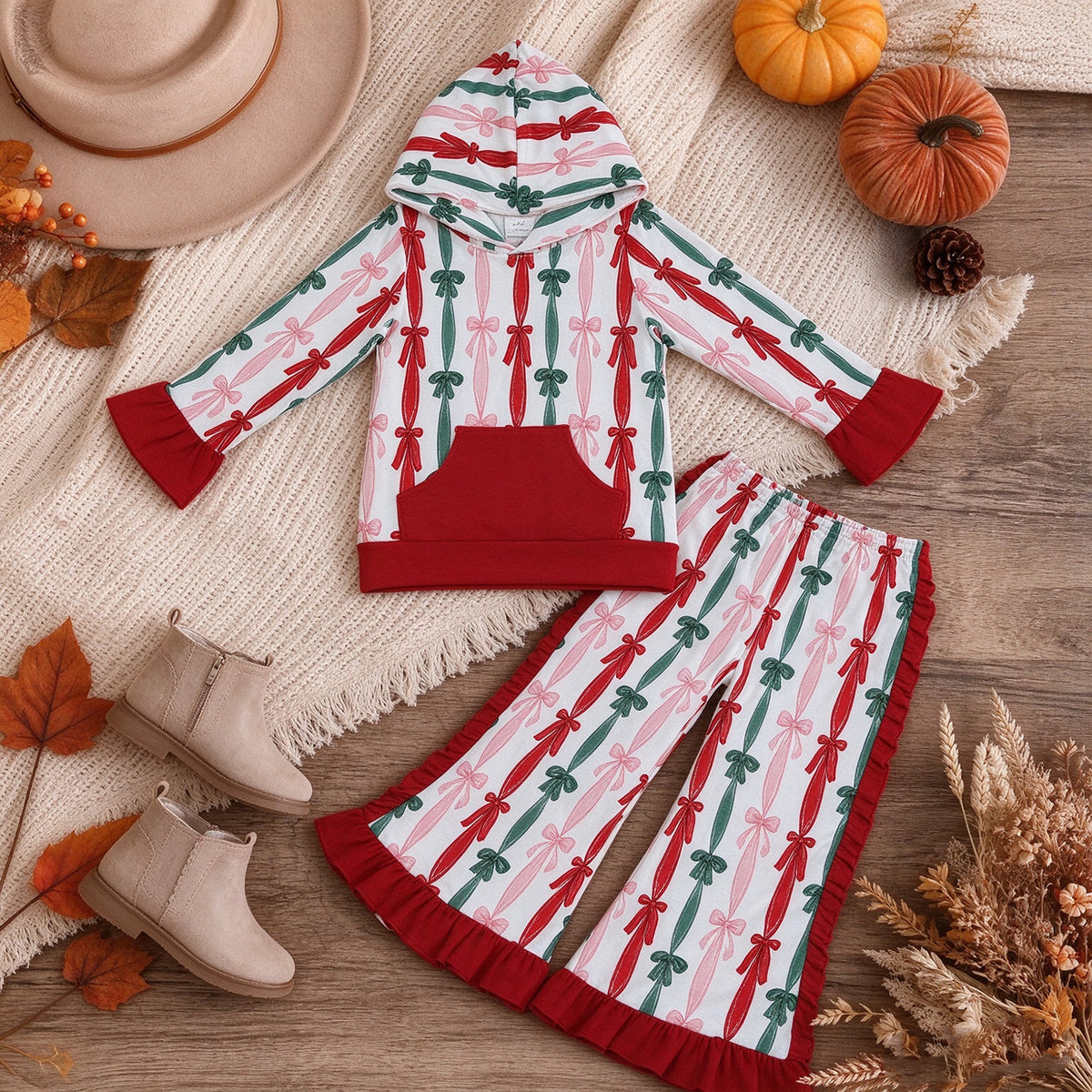 RTS NO MOQ （In stock） milk silk GLP3497 Baby Girls Green Red Bows Stripe Pocket Hoodie Ruffle Pant Christmas Sets Holiday Outfit