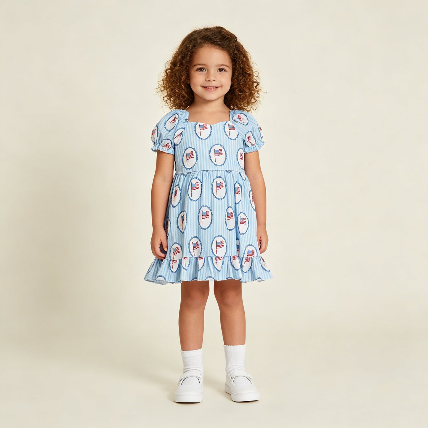 GSD3792 RTS NO MOQ （In stock ）Short sleeves stripe flag ruffle girls 4th of july dresses