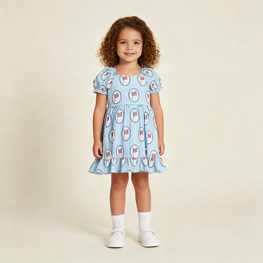 GSD3792 RTS NO MOQ （In stock ）Short sleeves stripe flag ruffle girls 4th of july dresses