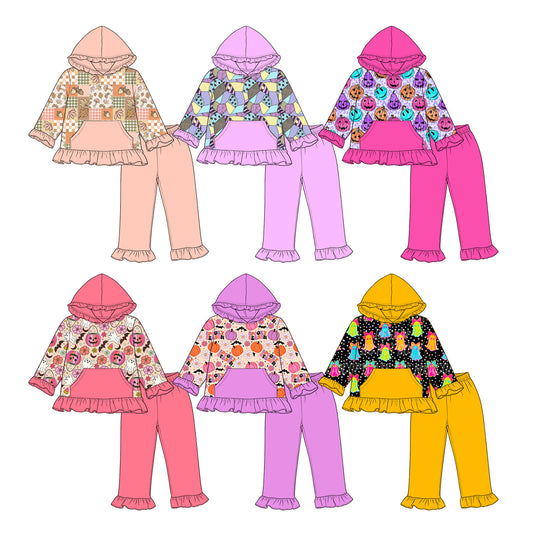 5.9 Pre order No Moq Baby Girls Halloween Pumpkin Long Sleeve Hoodie Ruffle Pants Set