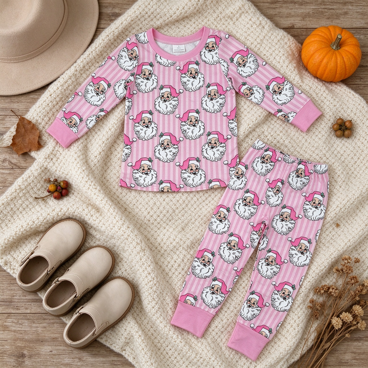 RTS NO MOQ （In stock）milk silk GLP3440 Baby Girls Pink Stripe Santa Top Pant Christmas Pajamas Set Holiday Night Sleep Wear