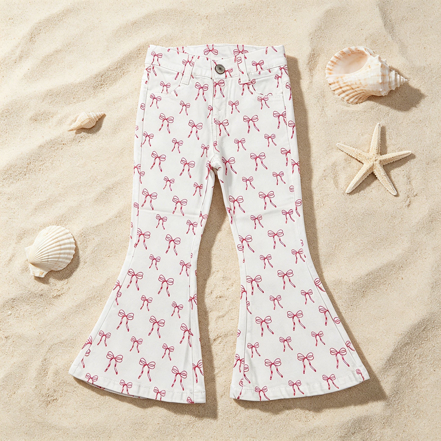 P1042 RTS NO MOQ （In stock ）Baby Girls Pink Bows Denim Pockets Bell Bottom Pants