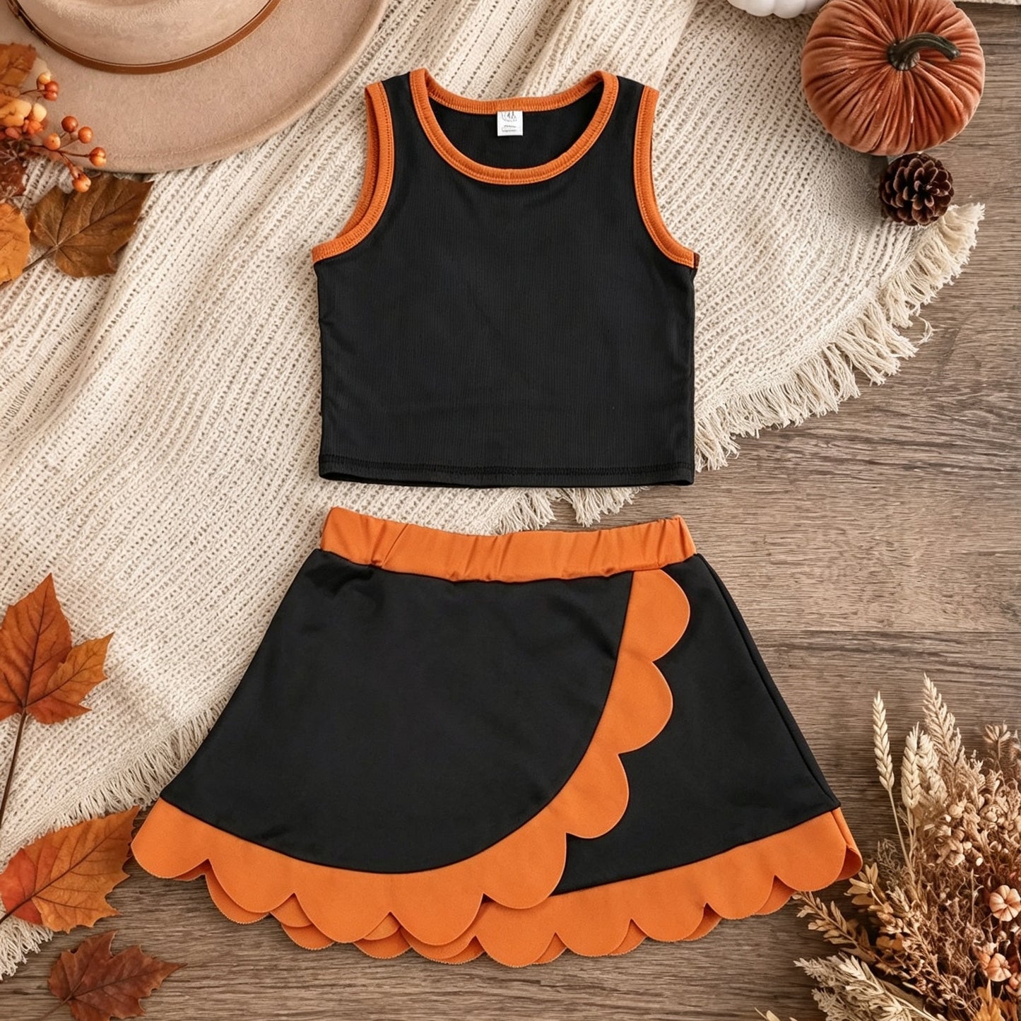 GSD4259 RTS NO MOQ （In stock）yoga fabric Sleeveless black top orange scallop girls active wear set）