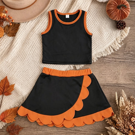 GSD4259 RTS NO MOQ （In stock）yoga fabric Sleeveless black top orange scallop girls active wear set）