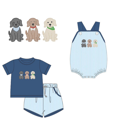 Baby Boys Navy Short Sleeves Dogs Top Light Blue Stripes Pockets Short Set