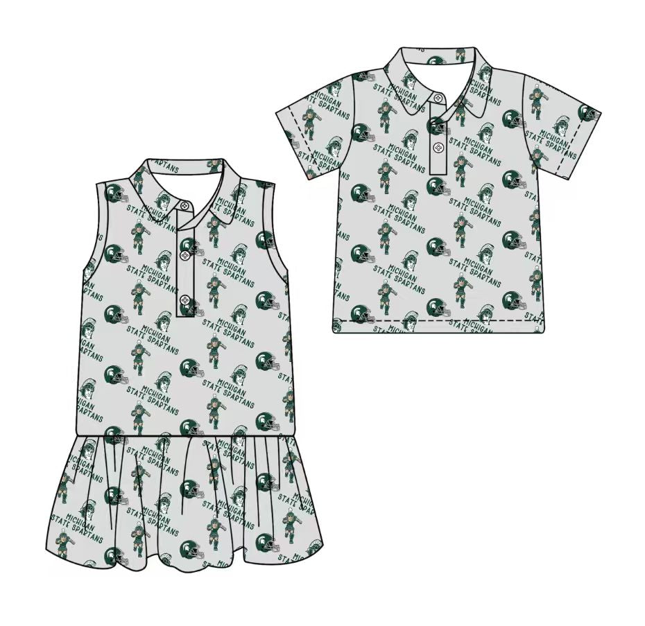 3.17 CUSTOM MOQ 5 Sibling Boys Baby Girls Summer Fashion Short Sleeve Gray Green Button Polo Shirts Sleeveless Dress Team Clothes Sets