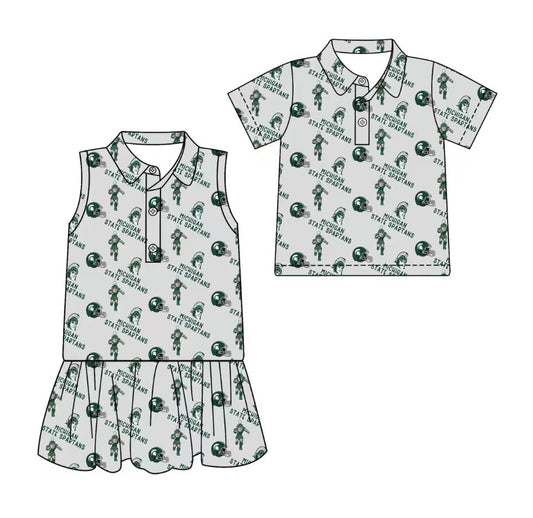 3.17 CUSTOM MOQ 5 Sibling Boys Baby Girls Summer Fashion Short Sleeve Gray Green Button Polo Shirts Sleeveless Dress Team Clothes Sets