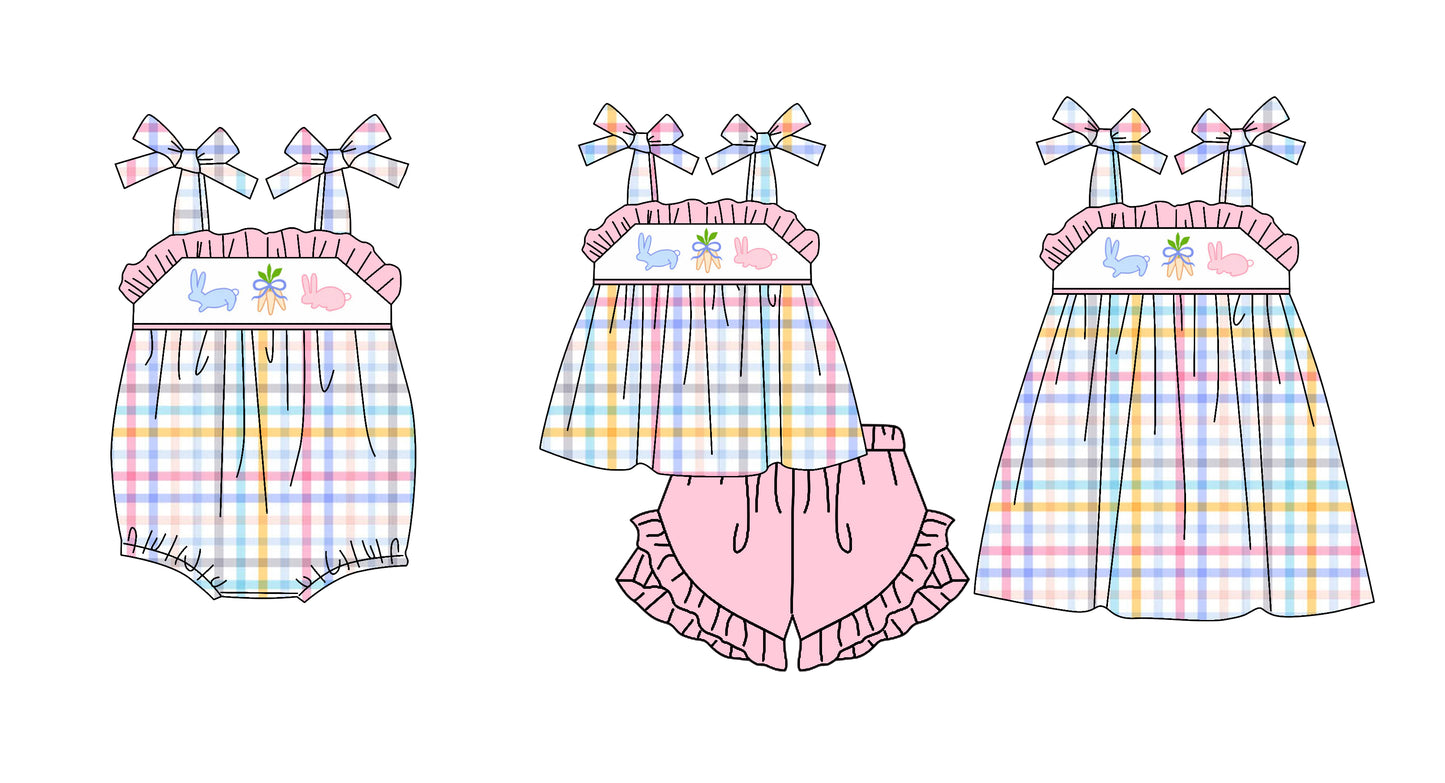 Colorful plaid straps bunny carrot baby girls Easter clothes