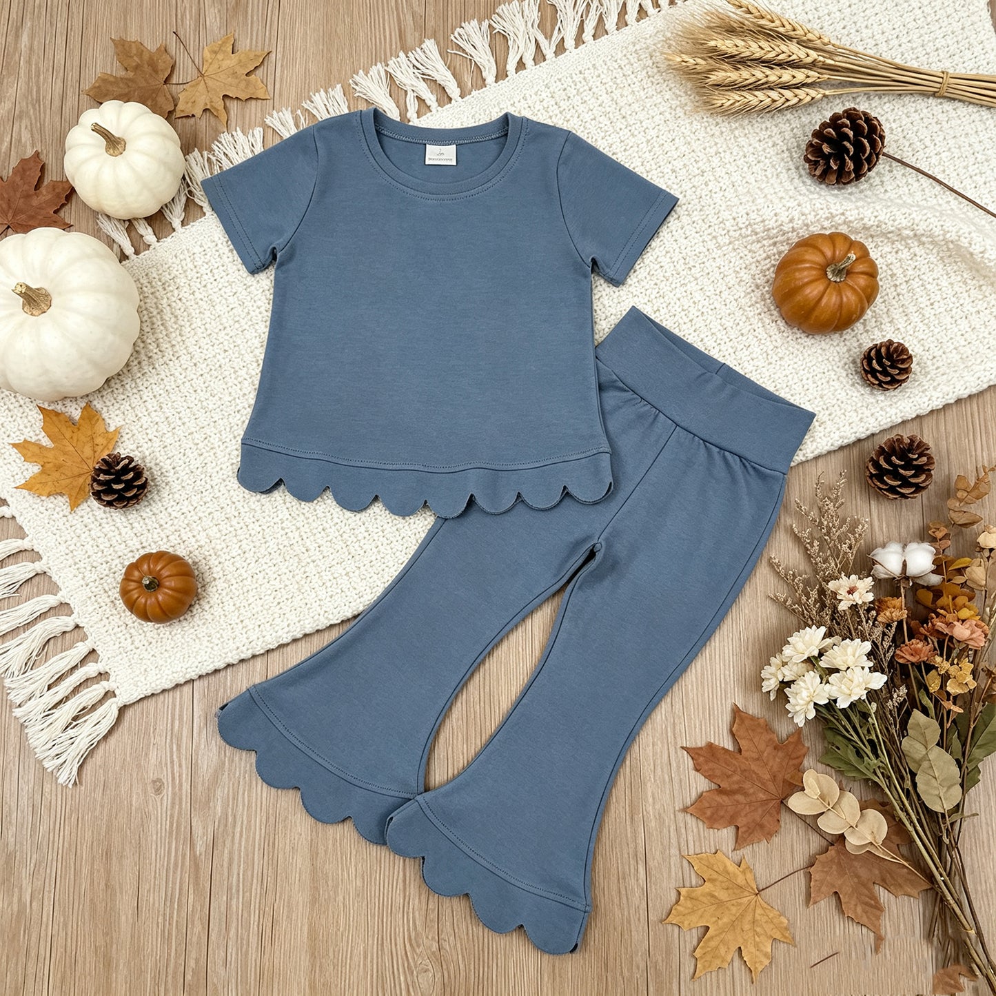 GSPO2339（GT1769+P1077）RTS NO MOQ （In stock）cotton Baby Girls Blue Short Sleeve Shirts Top Flare Pant Scallop Sets