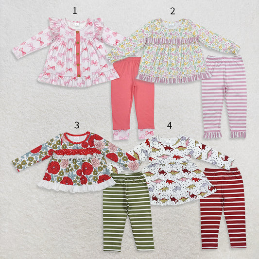 10.17 RTS Sibling Baby Girls Bows Flowers Tunic Leggings Pant Long Ruffle Sleeves Clothes Sets