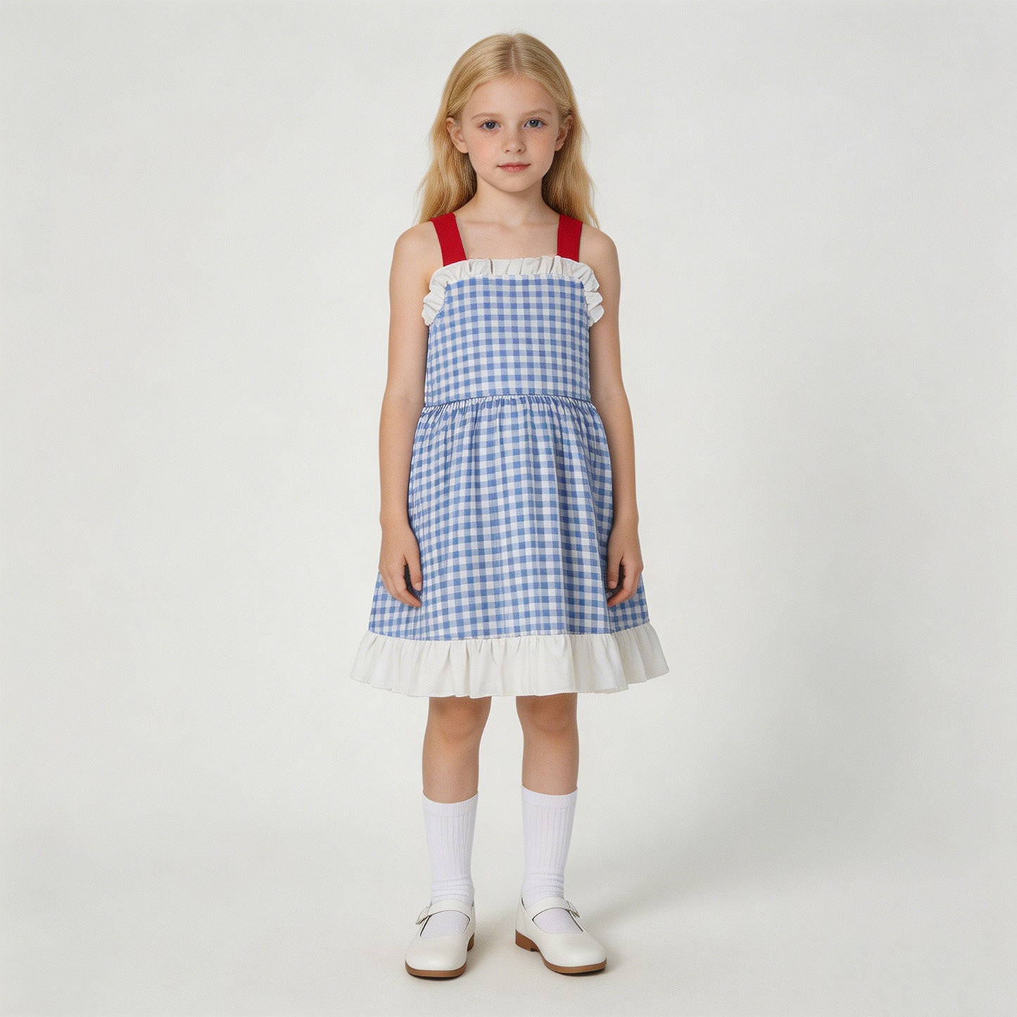 GSD3843 RTS NO MOQ （In stock）Straps white ruffle plaid kids girls summer dresses