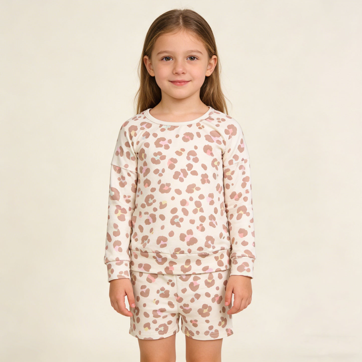 4.7 GLS0093 RTS NO MOQ （In stock ）Long sleeves leopard top shorts kids girls outfits