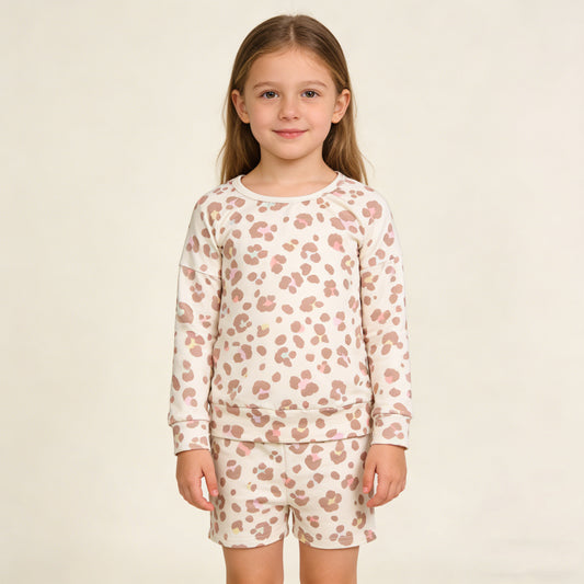 4.7 GLS0093 RTS NO MOQ （In stock ）Long sleeves leopard top shorts kids girls outfits