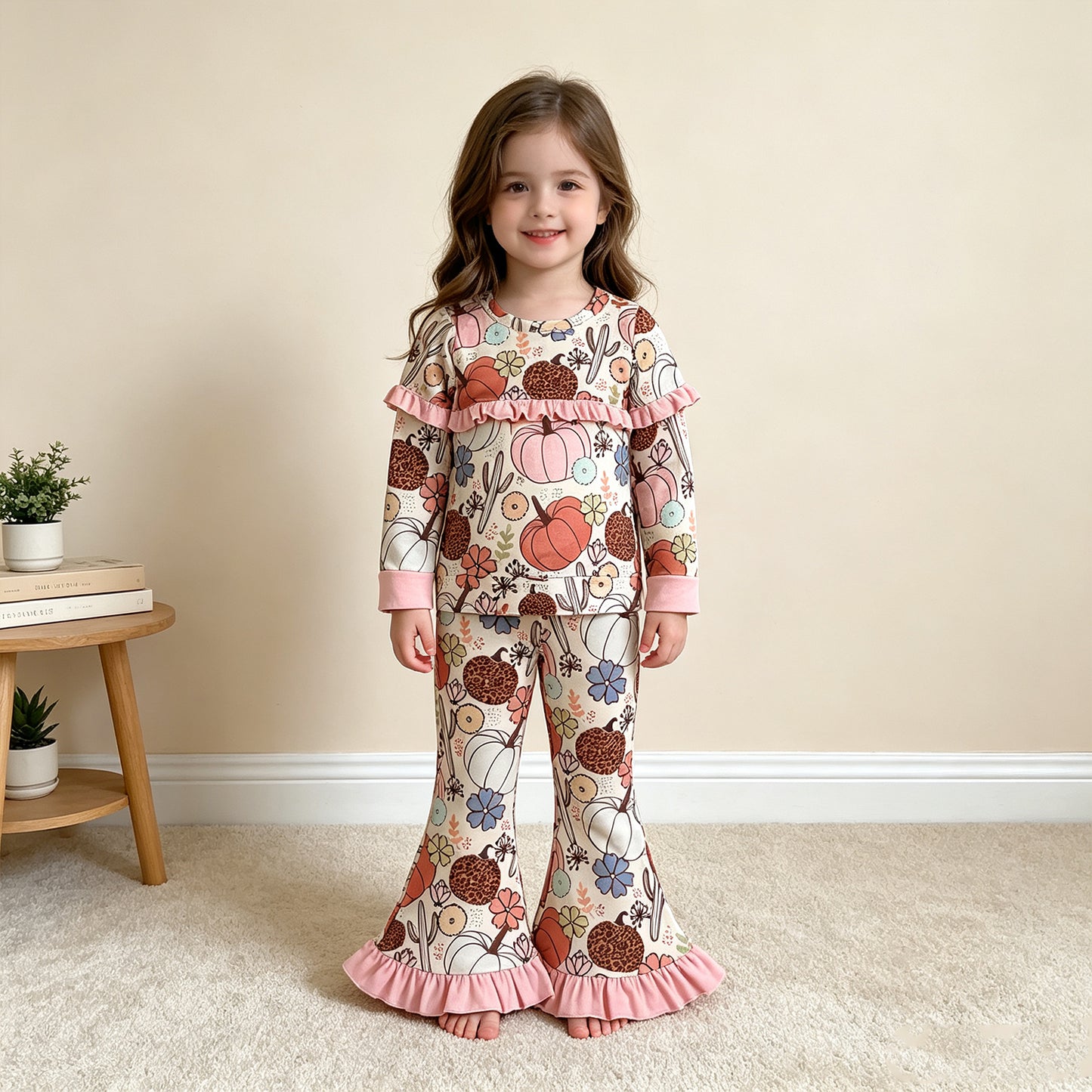 GLP3502 RTS NO MOQ （In stock）milk silk Baby Girls Santa Green Stripe Print Long Sleeve Top Bell Bottom Flare Pants Christmas Set（副本）