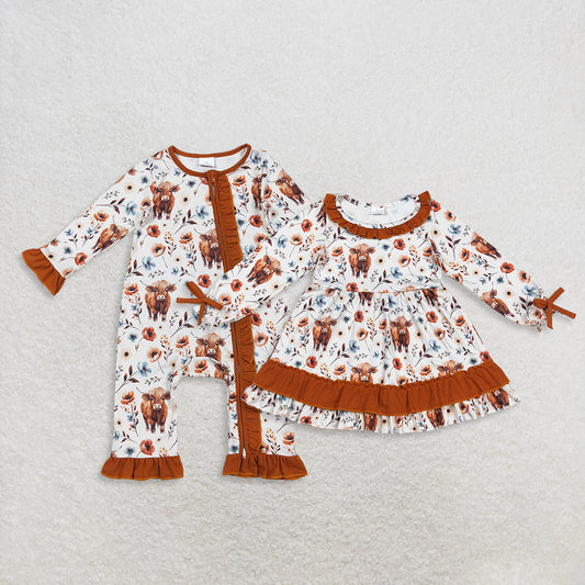 RTS Sibling Baby Girls  Long Sleeve Floral Dress Rompers Brown Ruffle Highland Cow Print for Fall Season