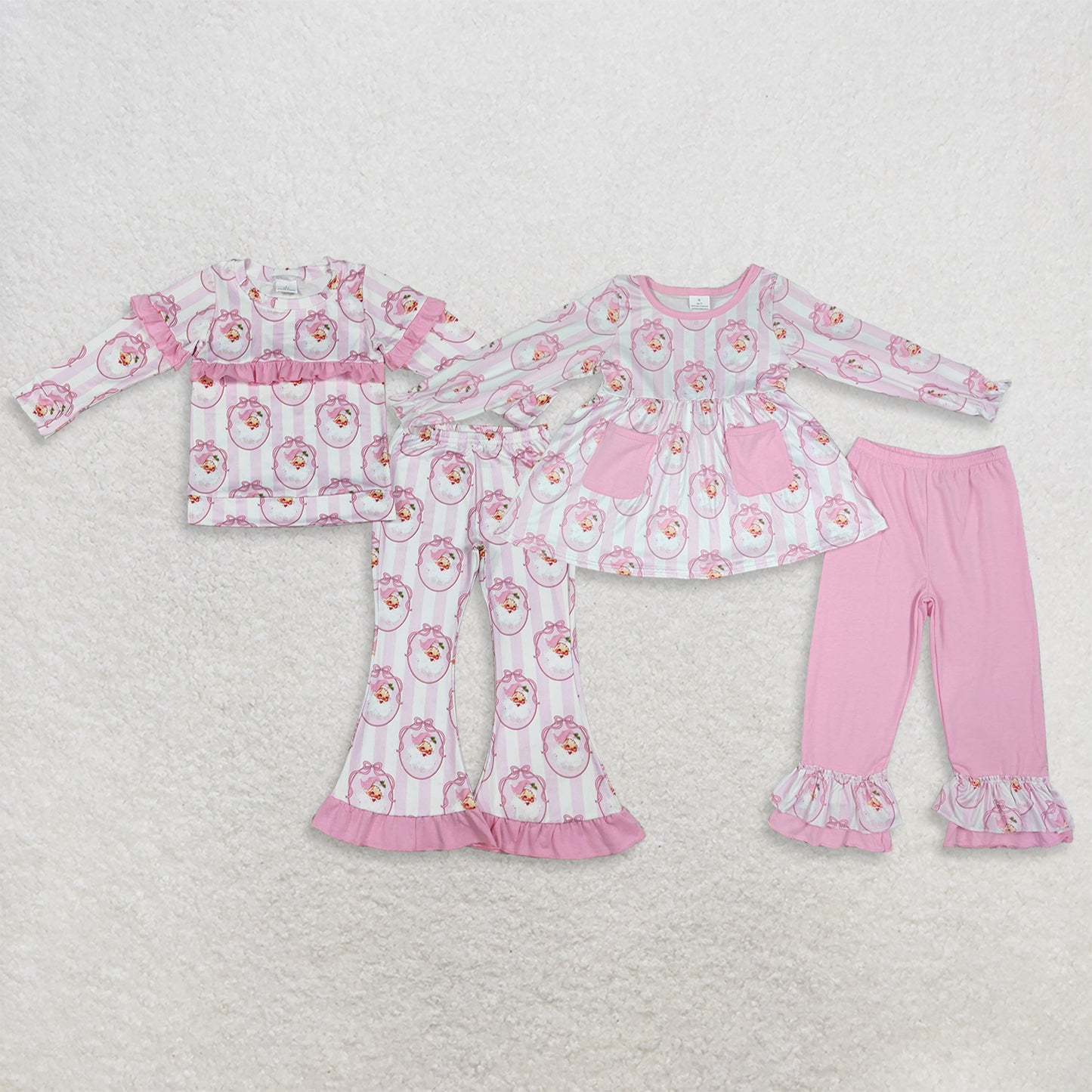 RTS Sibling Pink ruffle stripe santa bow kids girls Christmas outfits