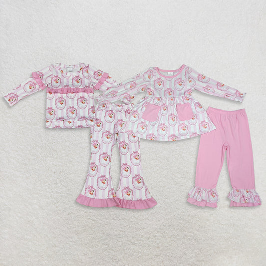 RTS Sibling Pink ruffle stripe santa bow kids girls Christmas outfits