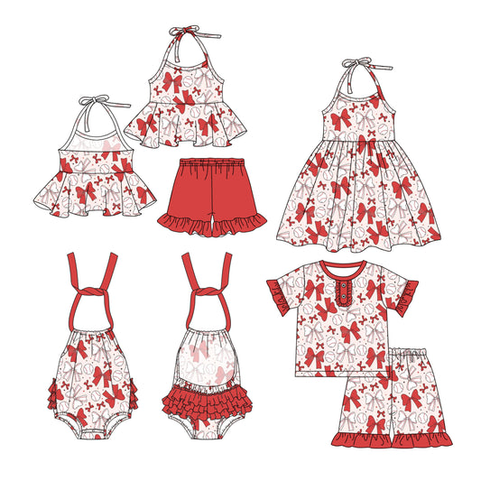 Kids Girls Short Sleeve Baseball Pajamas with Red Bow - Comfortable Sleepwear for Children