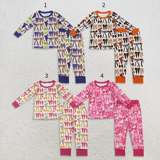 10.15 RTS Sibling Baby Girls Colorful Bows Stars Top Pants Pajamas Clothes Sets
