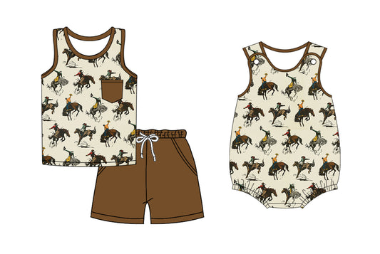 Adorable Sleeveless Horse Rodeo Pocket Top and Shorts Outfits for Toddler Boys