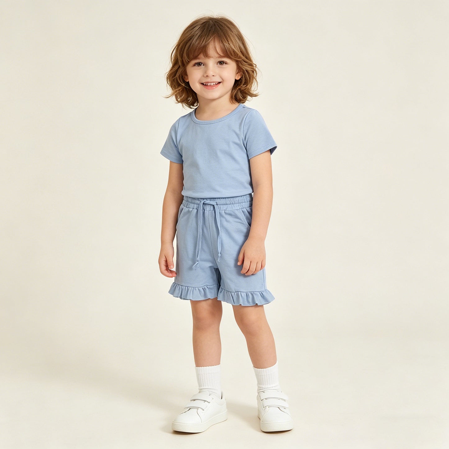 GSSO3349 RTS NO MOQ （In stock ）Short sleeves light blue cotton top ruffle shorts girls outfits）