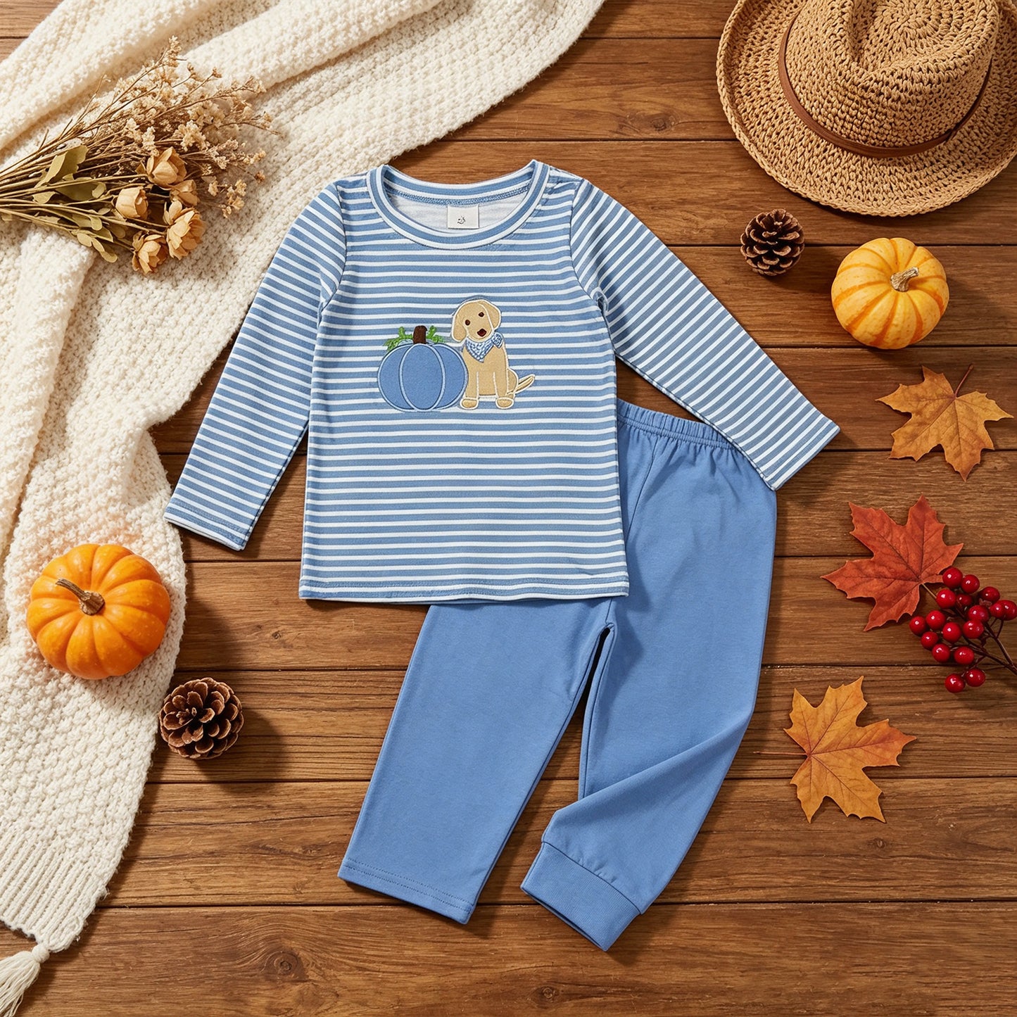 RTS NO MOQ （In stock）milk silk BLP1500 Embroidery Boys Blue Stripe Pumpkin Dog Print Long Sleeve Top Pant Two Piece Fall Set