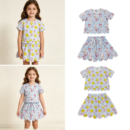 RTS Sibling Short sleeves softball bow scallop top skirt girls active outfit
