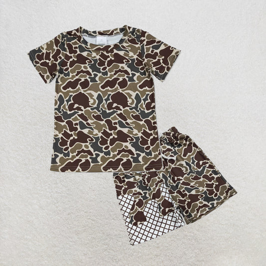 5.13 RTS NO MOQ （In stock）BT1648+SS0650 Short sleeves dark brown camo kids boys shirt outfits