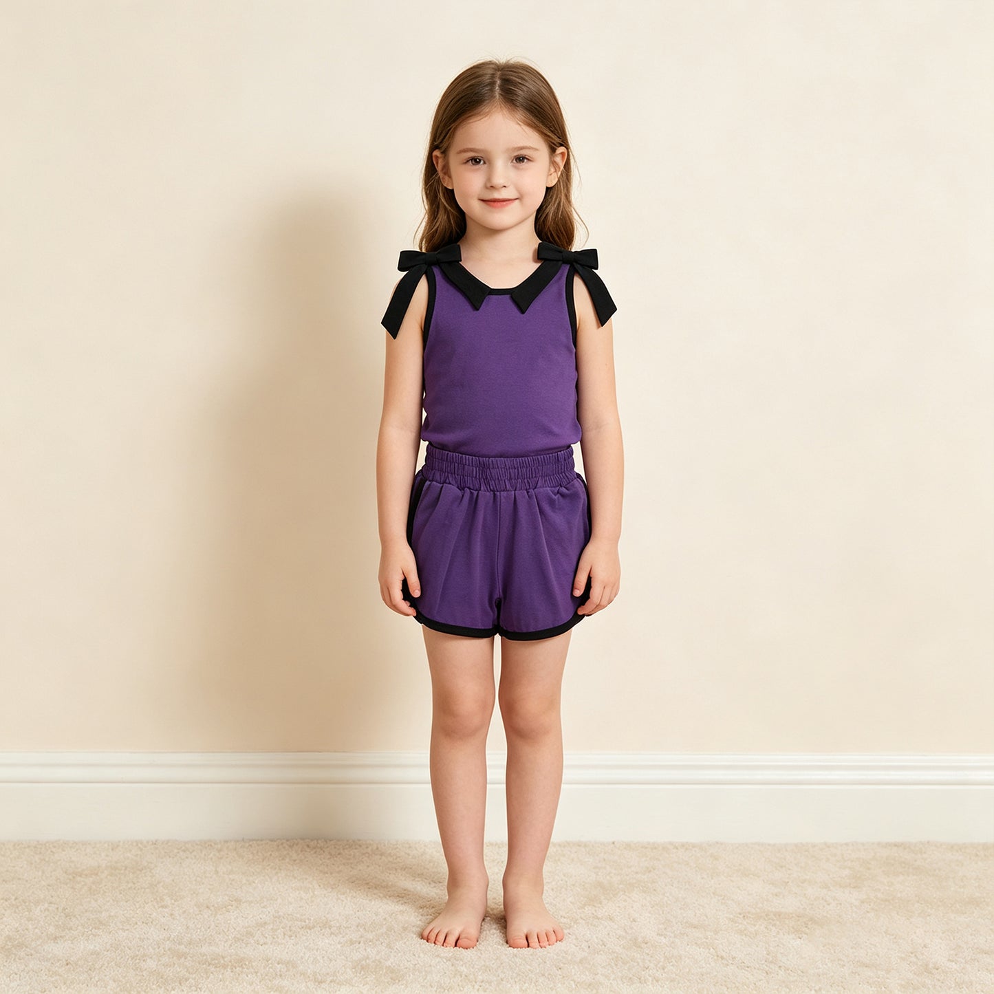 RTS NO MOQ （In stock）cotton GSSO3815 Baby Girls Purple Black Bows Sleeveless Top Short Sets