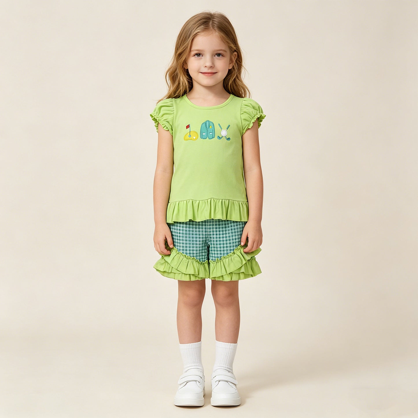 GSSO3033 RTS NO MOQ （In stock ）Short sleeves golf ruffle top plaid shorts girls outfits