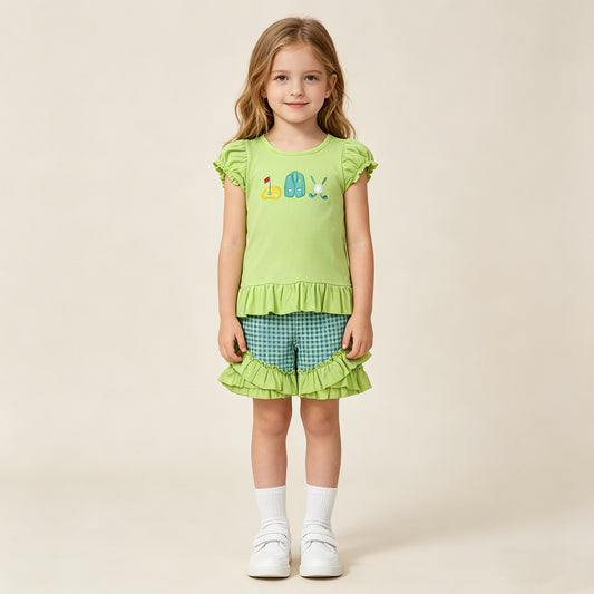 GSSO3033 RTS NO MOQ （In stock ）Short sleeves golf ruffle top plaid shorts girls outfits