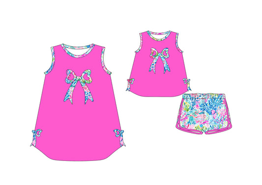 Kids Girls Summer Outfits Hot Pink Sleeveless Watercolor Bow Top And Shorts Set for Girls Perfect for Parties And Playdates