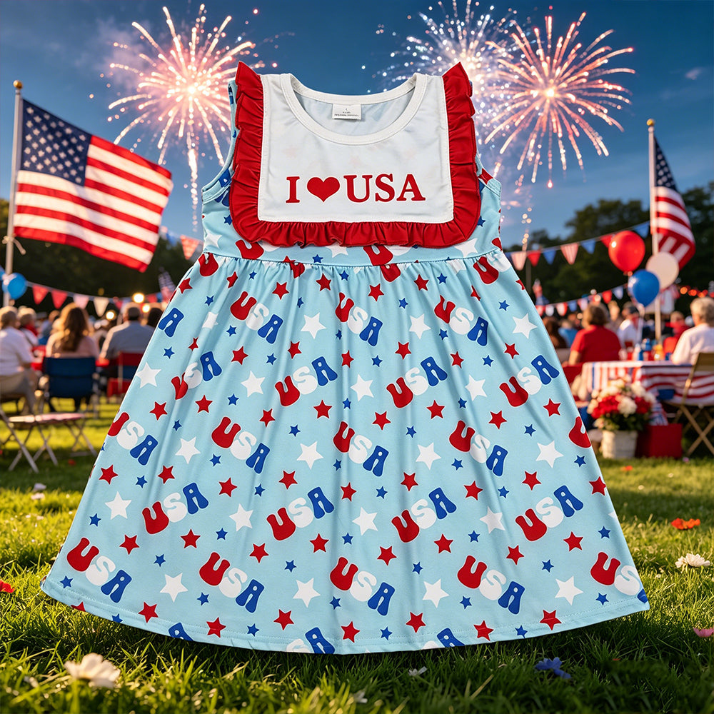 GSD4002 RTS NO MOQ （In stock）I love USA ruffle stars baby girls 4th of july dress