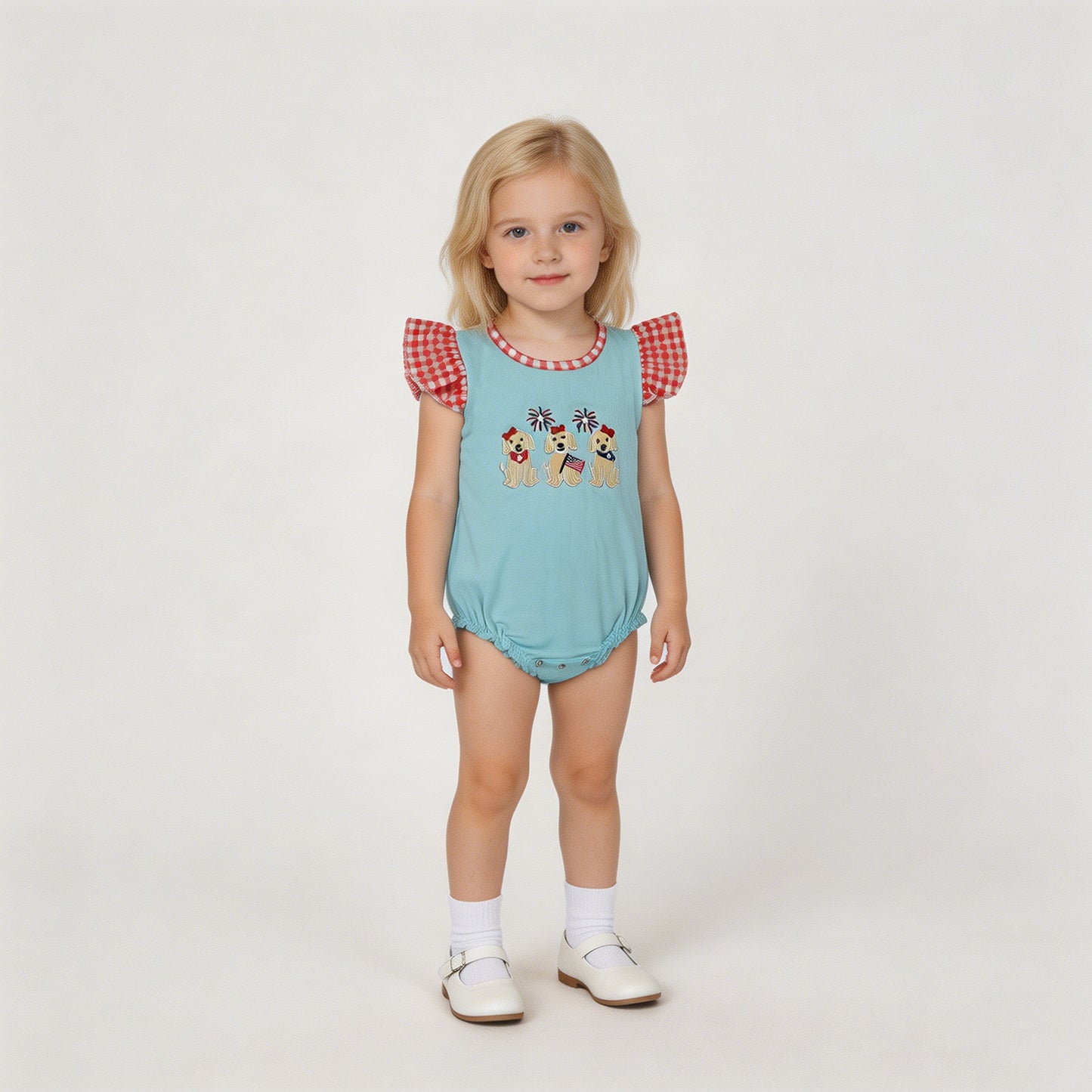 SR4051 RTS NO MOQ （In stock）Flutter sleeves flag dog embroidery girls 4th of july romper