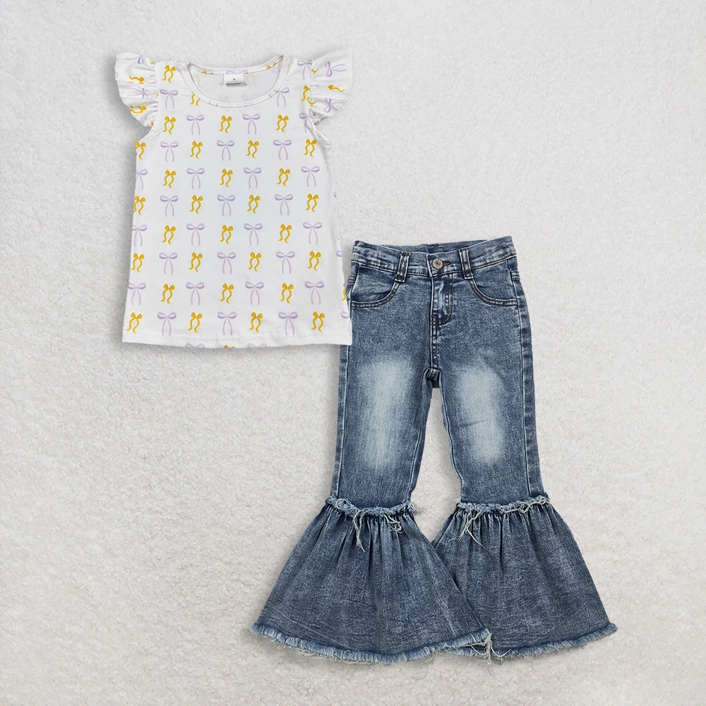 3.9 RTS NO MOQ （In stock）GT1147 + P0676 Baby Girls Yellow Lavender Bows Plaid Tee Shirts Top  Navy Bleached Denim Flare Pants Jeans Clothes Sets