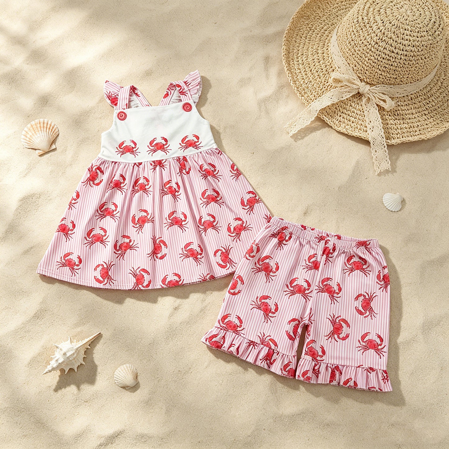 GSSO3066 RTS NO MOQ （In stock ）Flutter sleeves stripe crab tunic shorts girls outfits