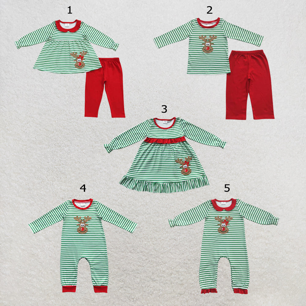 Sibling Baby Kids Christmas Embroidery Deer Stripe Clothes Sets Rompers Dresses