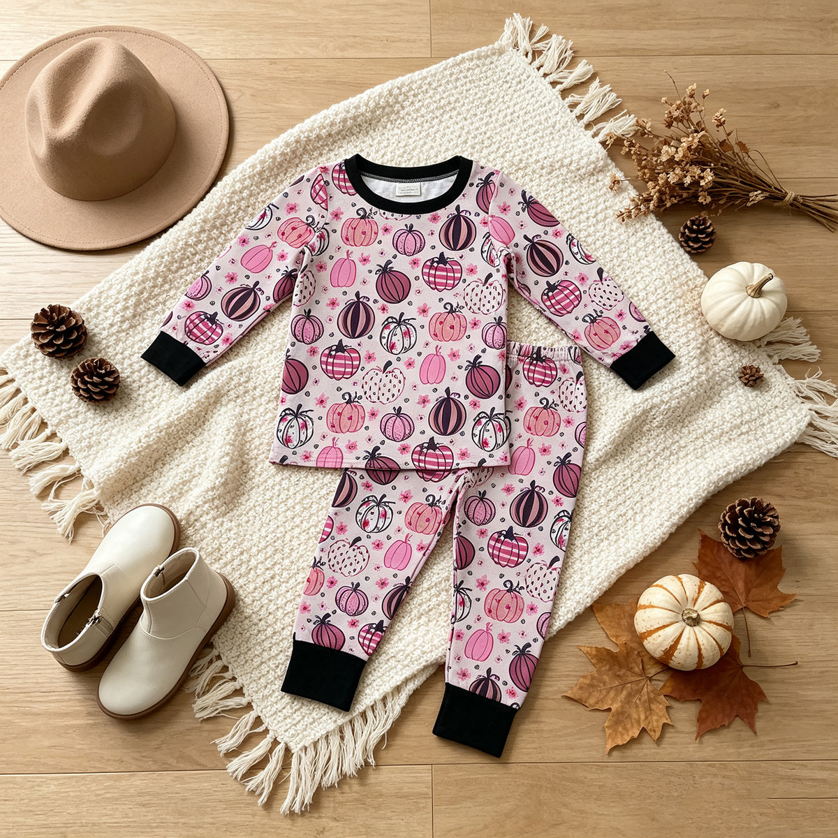 RTS NO MOQ （In stock）milk silk GLP3357 Baby Girls Flowers Pumpkins Top Pant Fall Pajamas Sets