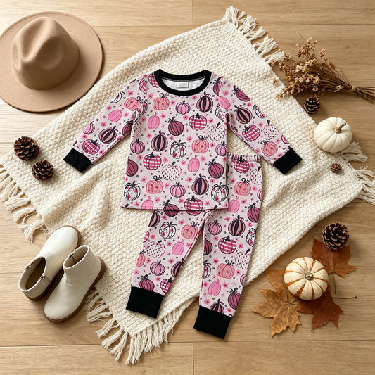 RTS NO MOQ （In stock）milk silk GLP3357 Baby Girls Flowers Pumpkins Top Pant Fall Pajamas Sets