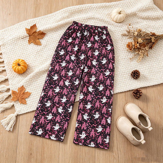 RTS NO MOQ （In stock）milk silk P1130 Adult Women Ghost Castles Leopard Halloween Pockets Flare Pants Bottom