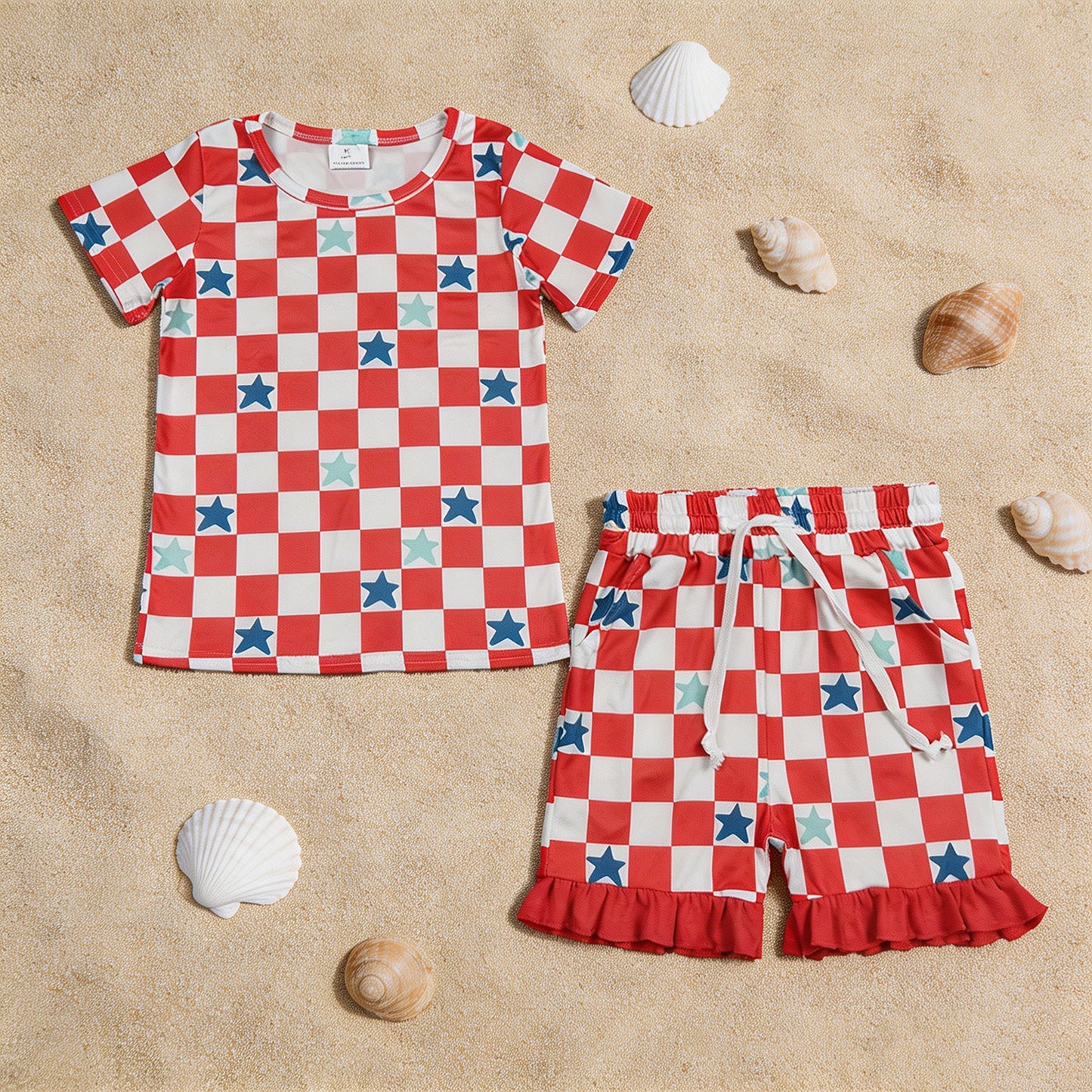 GSSO3293 RTS NO MOQ （In stock ）Baby Girls Red Checked Stars Top Pockets Ruffle Shorts 4th of July Clothes Sets